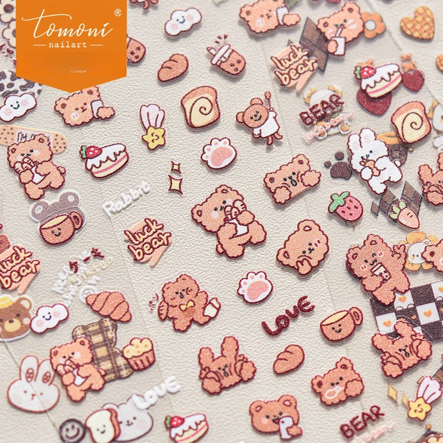 Chocolate Teddy Bear Nail Stickers – 5D Embossed Sweet Checkerboard Set
