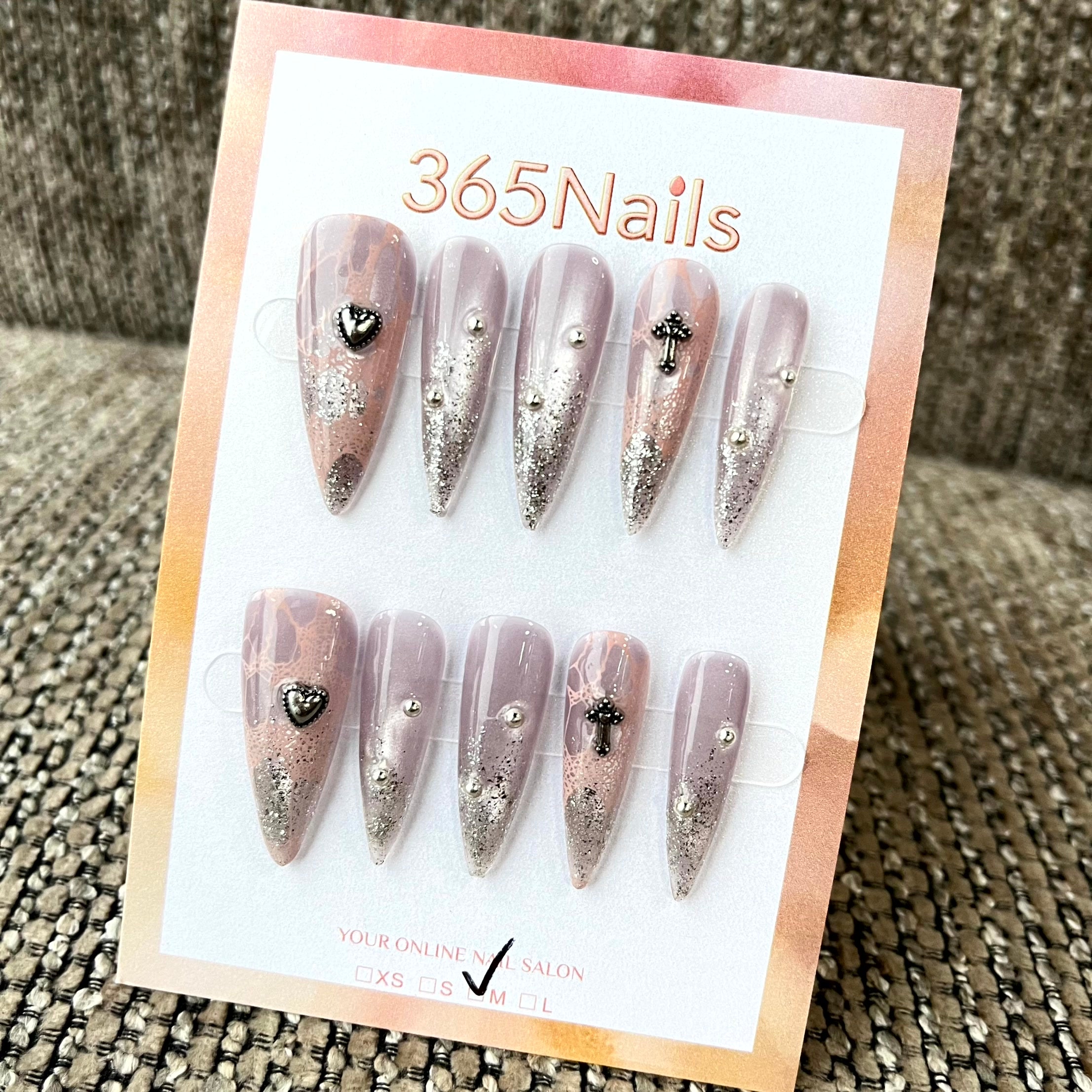 Blush Gothic: "Lace & Heart" – Long Stiletto Press-on Nails