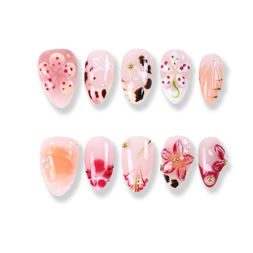 365Nails Spring Garden Press-On Nails in Nude Pink with Hand-Painted Florals and Gold Accents