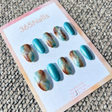 Ethereal Ink: "Cyan Landscape" – Teal Blue Cat Eye & Amber Brown Marble with Gold Foil Oval Nails