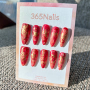 Cinnabar & Gilded Gold Vintage Red Amber Marble Nails ｜ Handmade Smudge Series(moq=30)