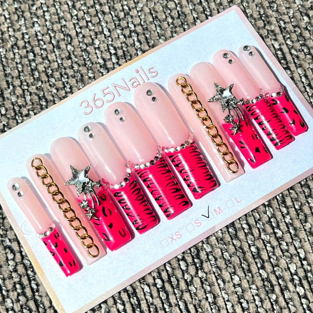 365nails: "Hot Pink Animal" – 3D Star & Chain Handmade Long Coffin Nails