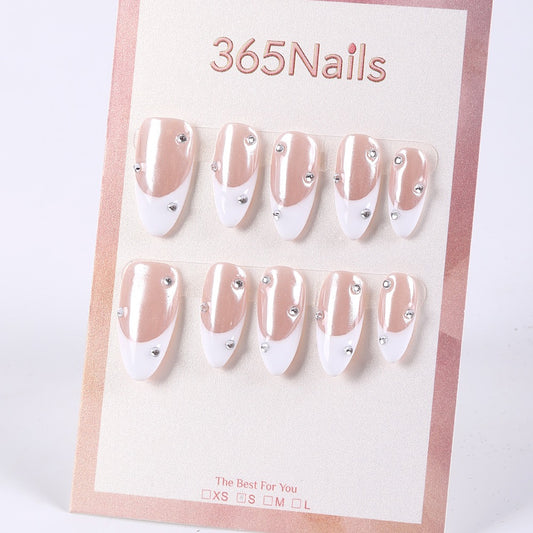 365Nails Nude Pink Asymmetric French Almond with Rhinestones Press-Ons