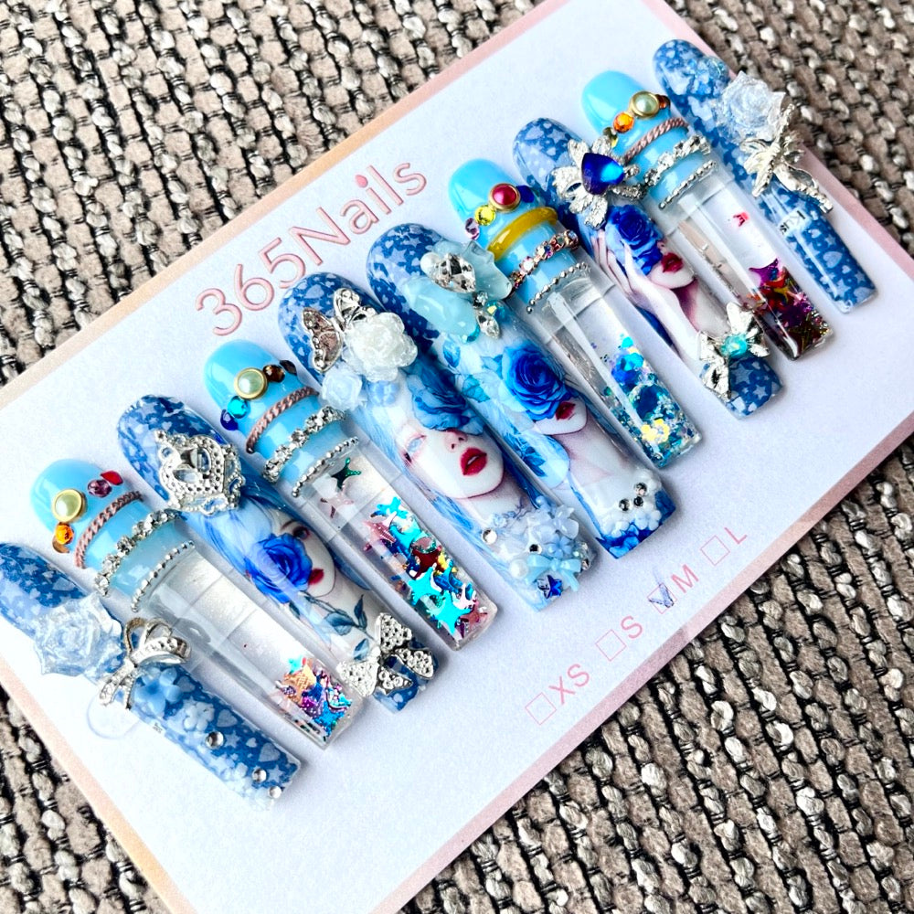 365nails: "Blue Fantasy" – 3D Cartoon Art Handmade Coffin Nails-5.5cm