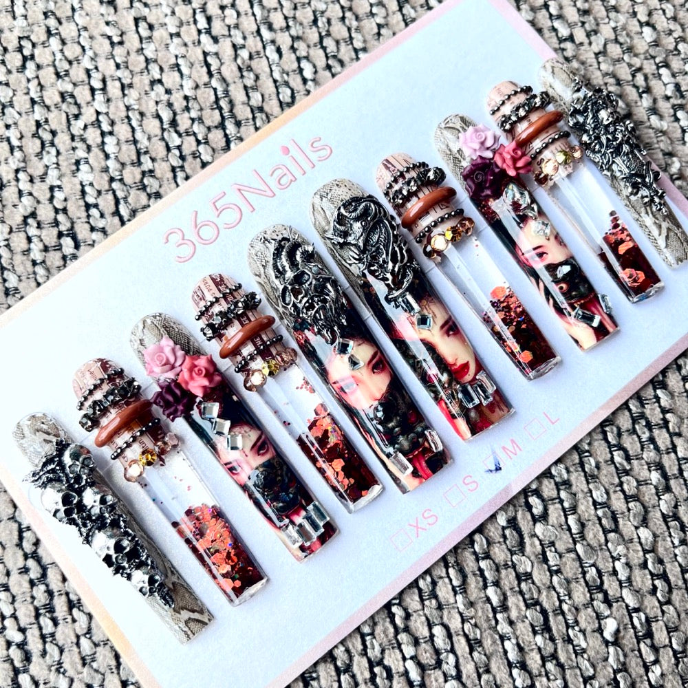 365nails: "Gothic Muse" – 3D Dark Art Handmade Coffin Nails-5.5cm