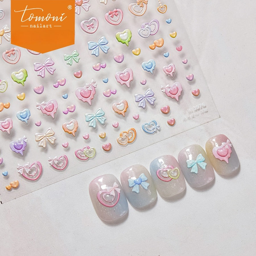 Pastel Heart & Bow Nail Stickers – 5D Embossed Kawaii Sweet Set