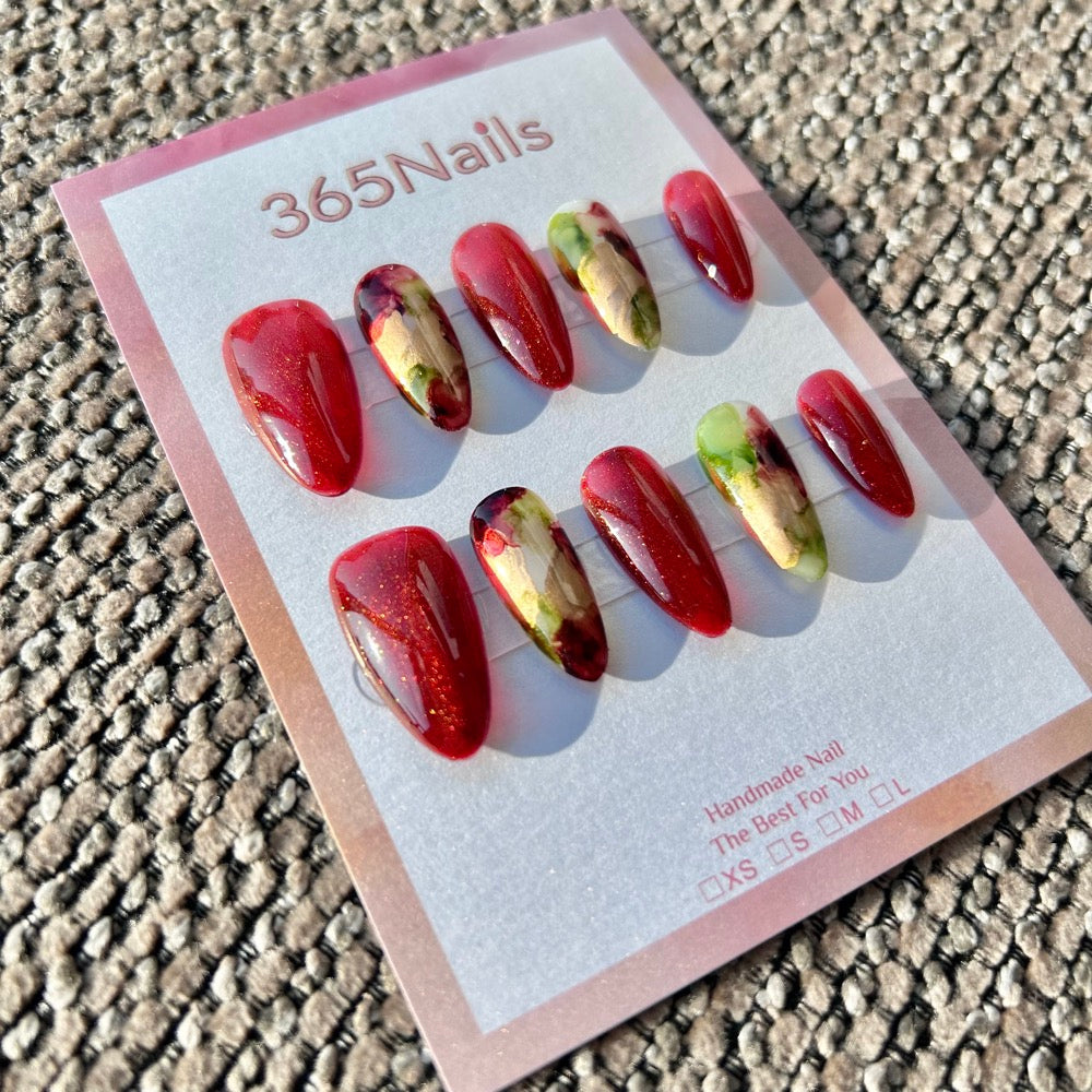 Vintage Manor & Gilded Rose Crystal Red & Green Oil Painting Nails ｜ Handmade Smudge Series(moq=30)