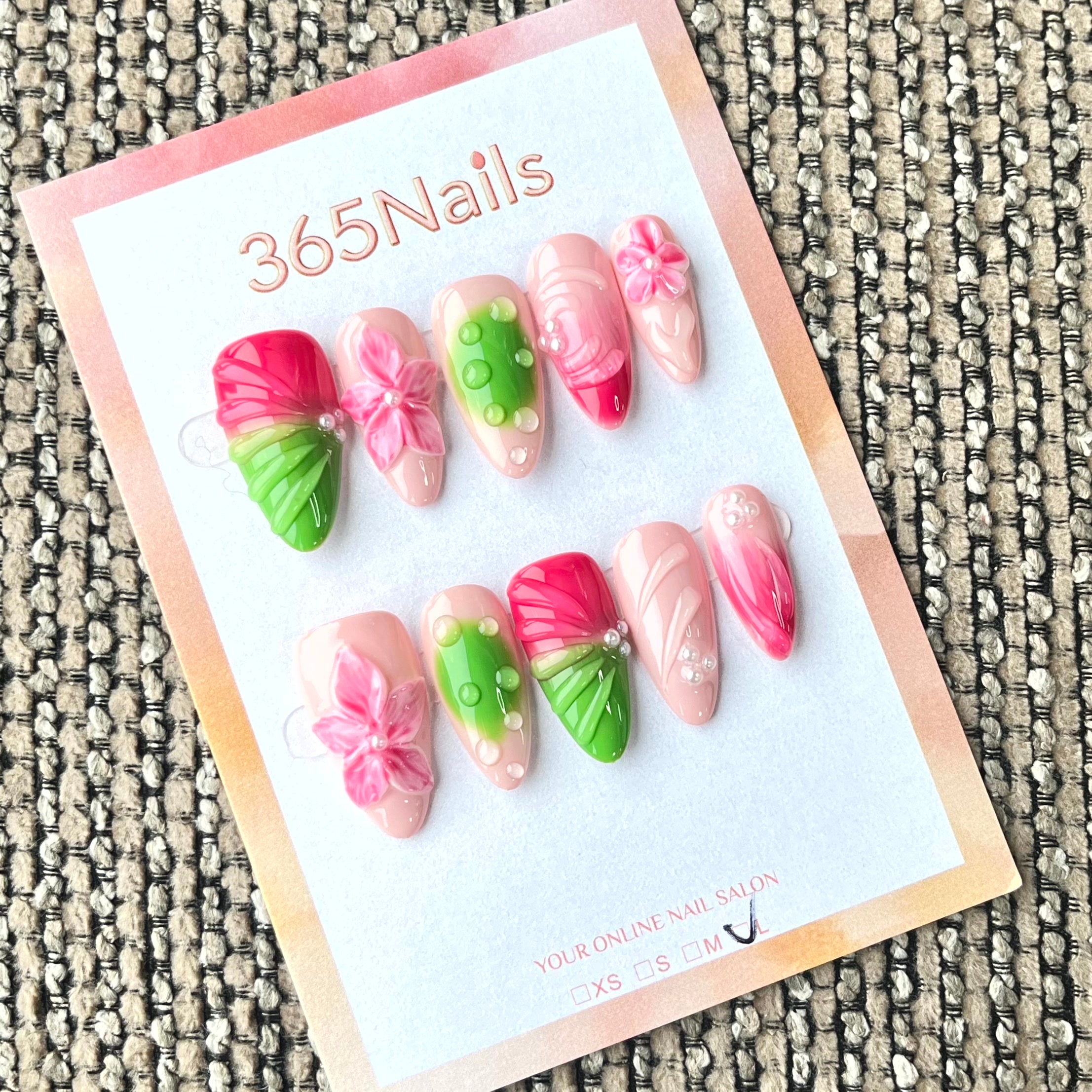 365nails ‘트로피컬 브리즈’ 3D 플로럴 & 리프 수제 아몬드형 네일