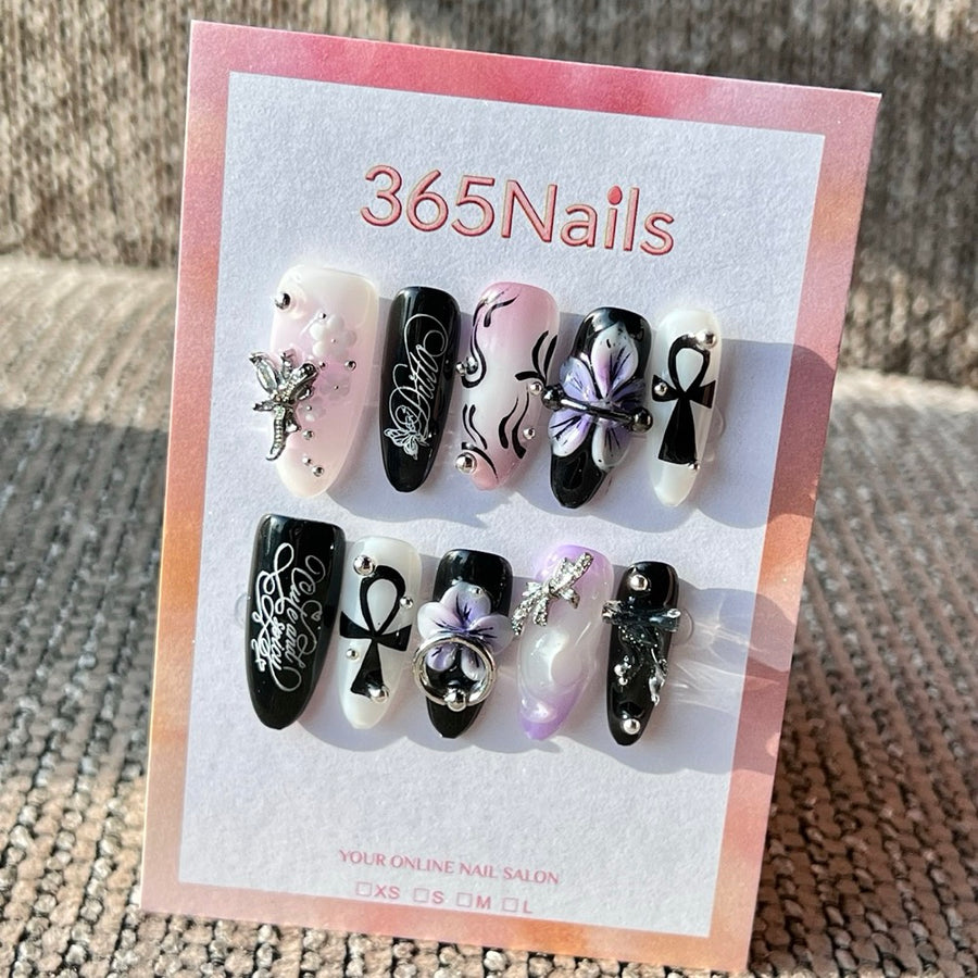 365nails: "Gothic Ankh Dragonfly" – Handmade Medium Almond Press-On Nails