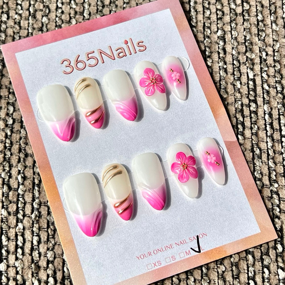 365nails: "Rosa Suave Sakura Dourado" – Unhas Postiças Artesanais Stiletto Médias