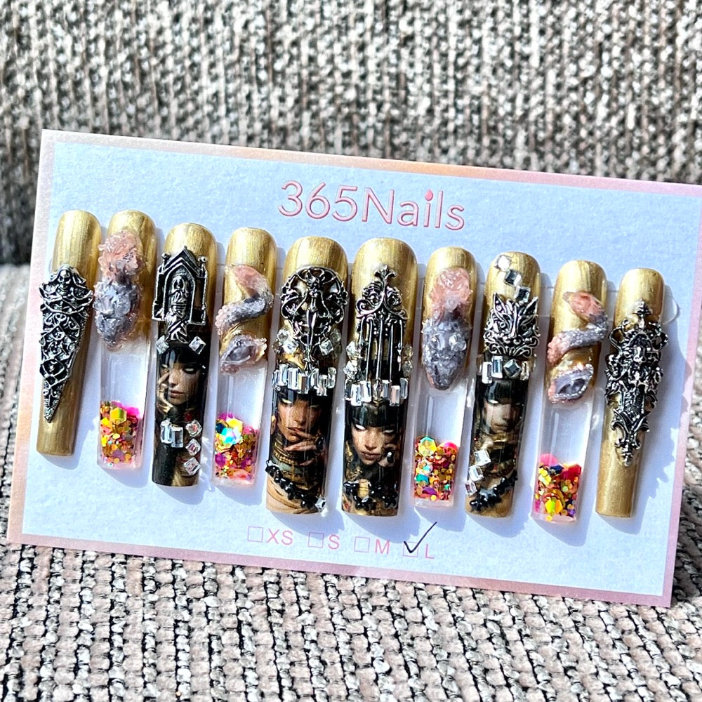 365nails: "Gothic Golden Dynasty" – Handmade 3D Ornate Liquid Motion Press-On Long Pipe Nails-5.5cm