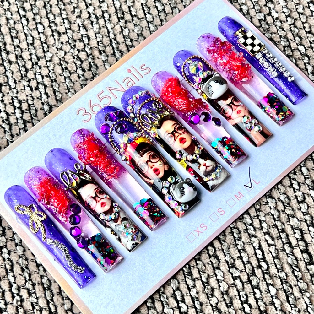 365nails: "Purple Pop Doll" – Handmade Cartoon Liquid Motion Press-On Long Pipe Nails-5.5cm