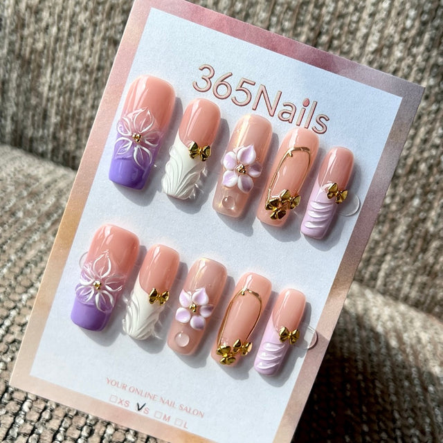 Lavender Petal - Purple Nude 3D Floral Press-On Nails
