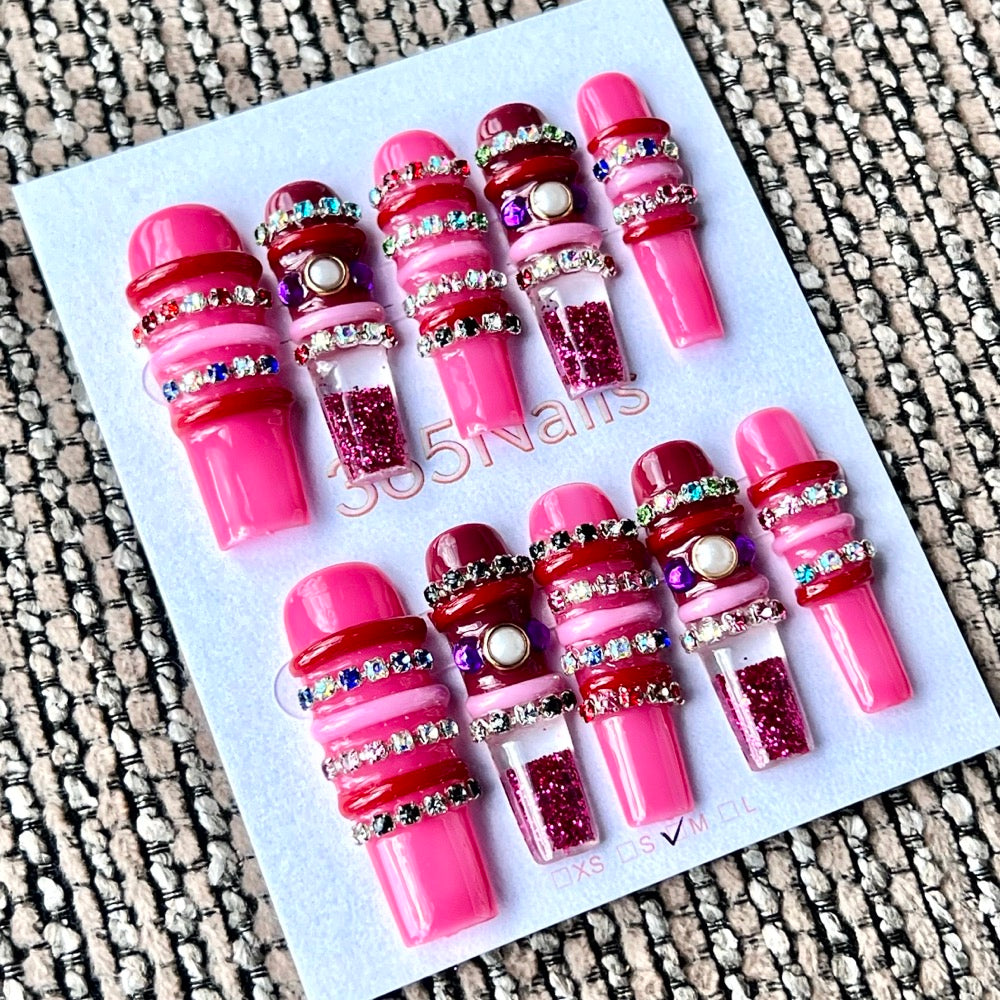 365nails: "Candy Pink Glow" — 수제 리퀴드 모션 재사용 가능 프레스온 네일, 중간 길이, 스퀘어형, 4cm