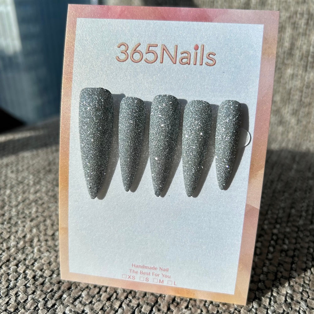 Stardust Mist Press On Nails｜Silver Grey Fine Glitter Stiletto | Starry Glitter · Sparkling Series