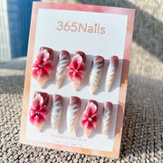 Sculpted Flora: "Vintage Wine & Cream Rose" – 3D Gradient Floral on Burgundy-White Ombre Coffin Nails with Ribbed Texture