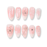 365Nails Milky Strawberry Press-On Nails Gradient French with Pink-White Hand-Painted Lines, 3D Jelly Flowers & Rhinestones