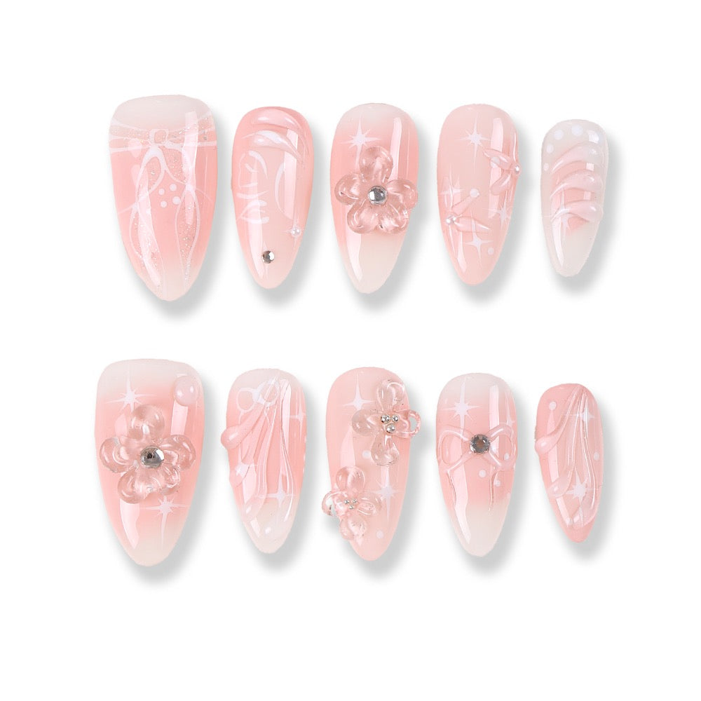 365Nails Milky Strawberry Press-On Nails Gradient French with Pink-White Hand-Painted Lines, 3D Jelly Flowers & Rhinestones