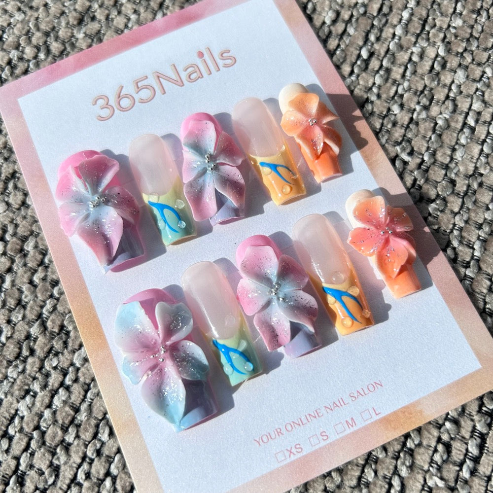 Sculpted Flora: "Pastel Garden Rhapsody" – 3D Gradient Pink & Orange Flowers with Dewdrops on Mixed French Nails