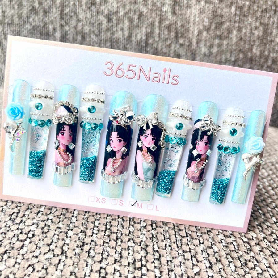 365nails: "Celestial Blue" – 3D 피규어 수제 프레스온 네일 코핀형-5.5cm