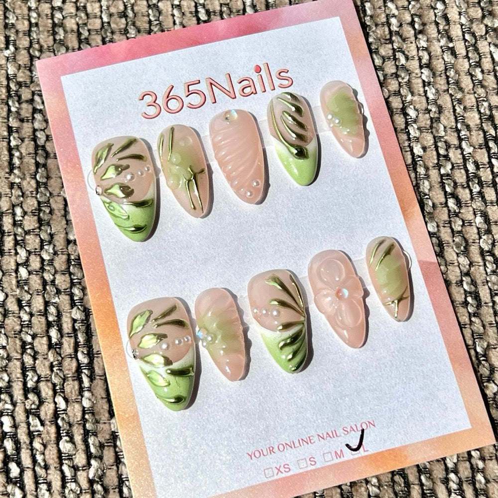 365nails: "Pale Pink Green Leaf 3D Mix" – Handmade Medium Stiletto Press-On Nails