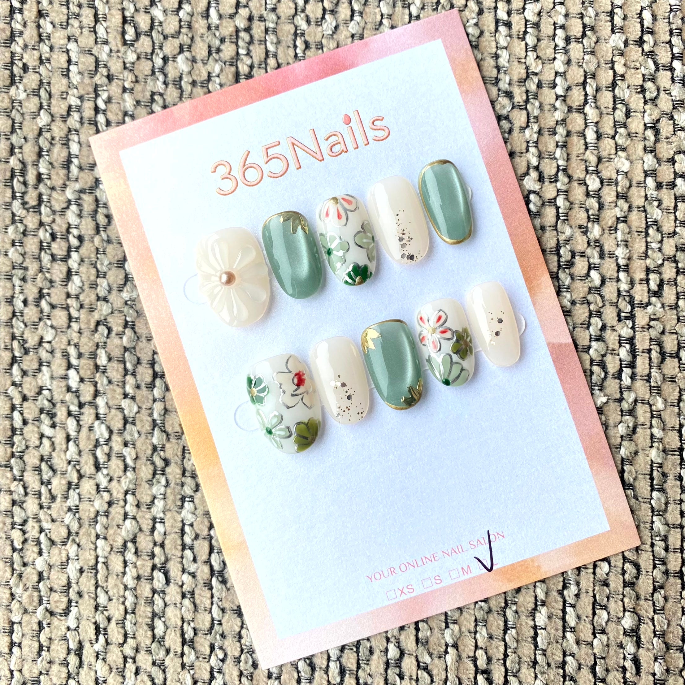 365nails: "Matcha Blossom" – Unhas Ovais Artesanais Vintage com Flores Pintadas à Mão e Flores 3D