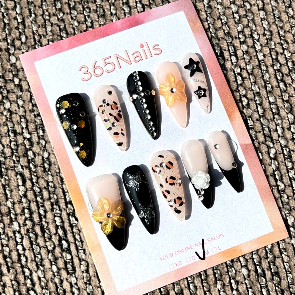 365nails: "Midnight Leopard" – 3D 플로럴 & 라인스톤 수제 스틸레토형 네일
