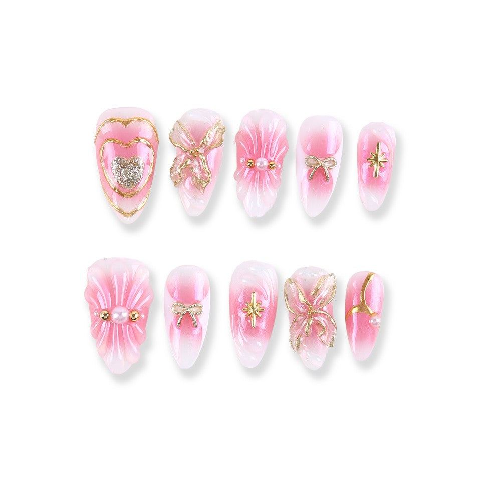 Pink Pearl Press-On Nails with Heart and Bow 3D Decorations