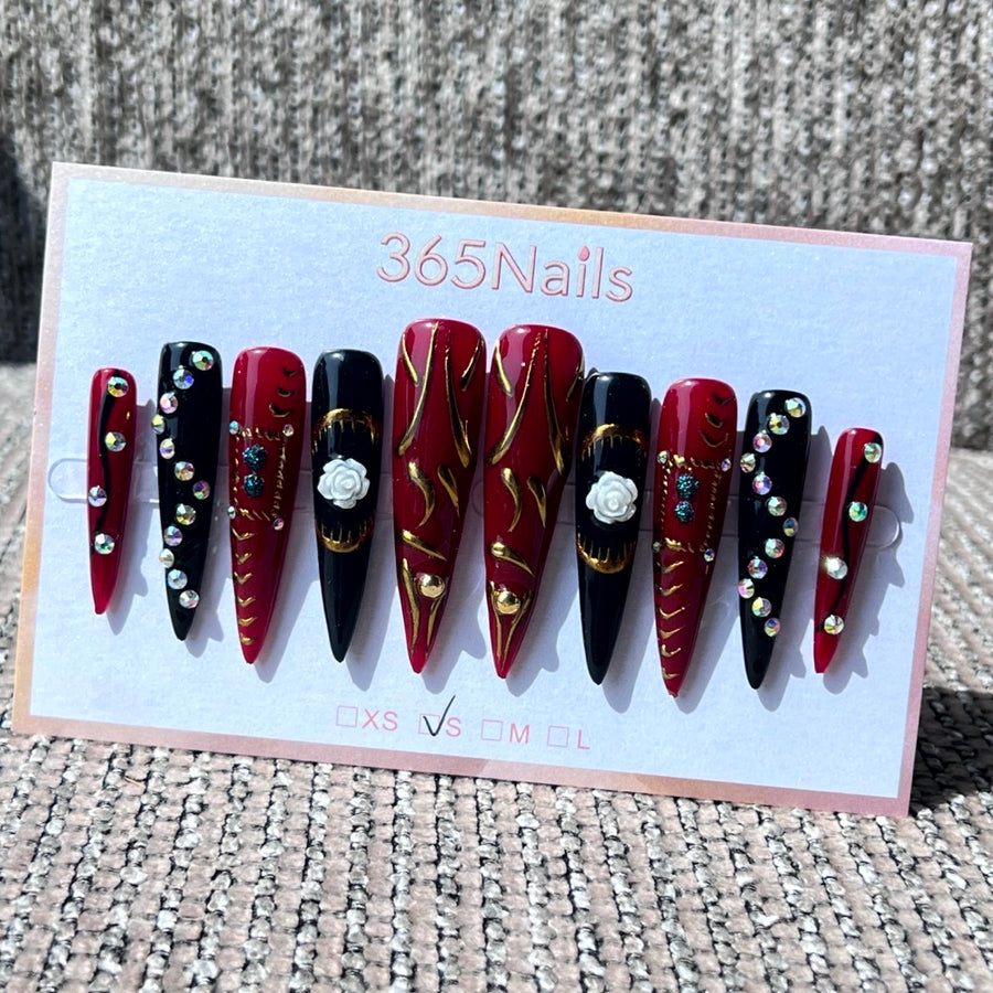 365nails: "Crimson Dynasty" – 3D Rose & Gold Leaf Handmade Long Stiletto Nails