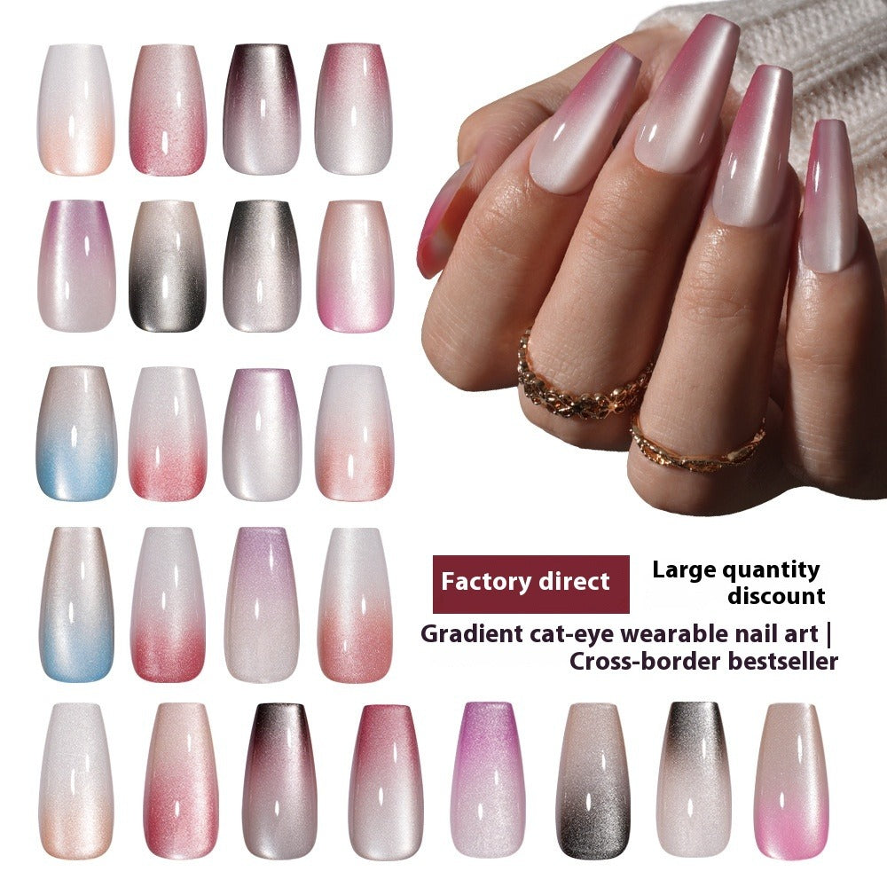 Nail Tips Gradual change cat eye press on nails, wearable fake nail removable sub-code bar prefabricated cat eye press on nails piece