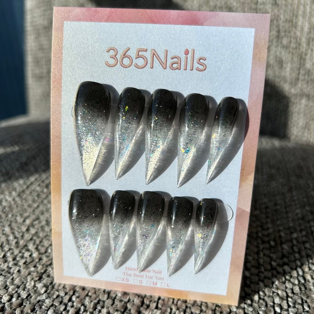 Galaxy Silver Gradient Dragon Claw Stiletto Black & Grey Premium Handmade Dragon Nail