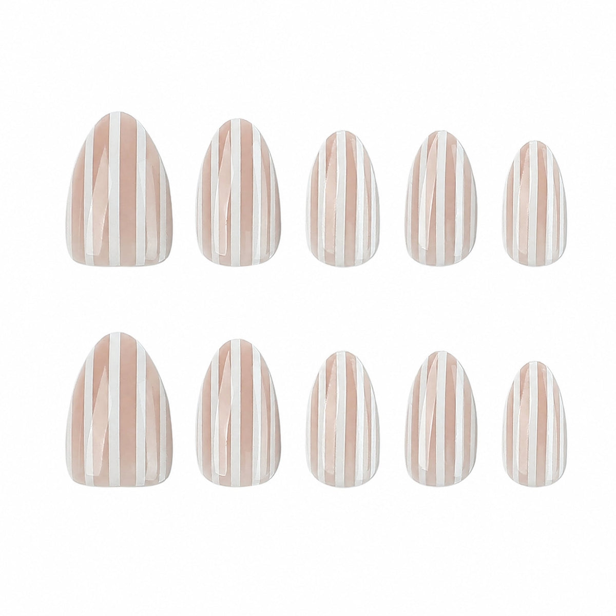 Ten nude and white striped press-on nails in assorted sizes on white background