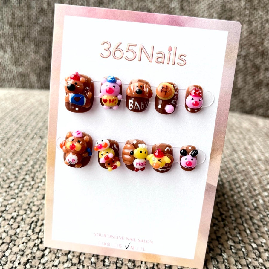 365nails: "Cozy Critter Cafe" – 3D Cartoon Character Handmade Short Square Nails