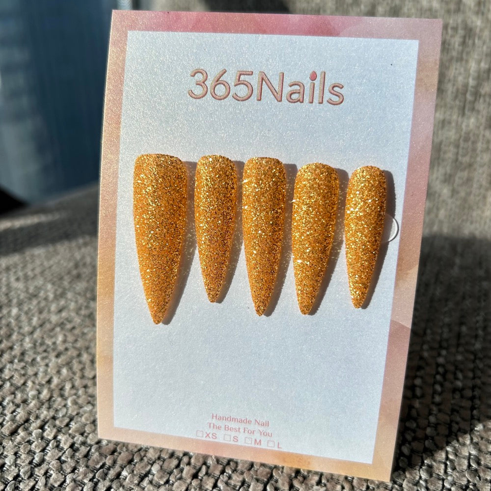 Golden Blaze Press On Nails Bright Gold Chunky Glitter Stiletto| Starry Glitter · Sparkling Series