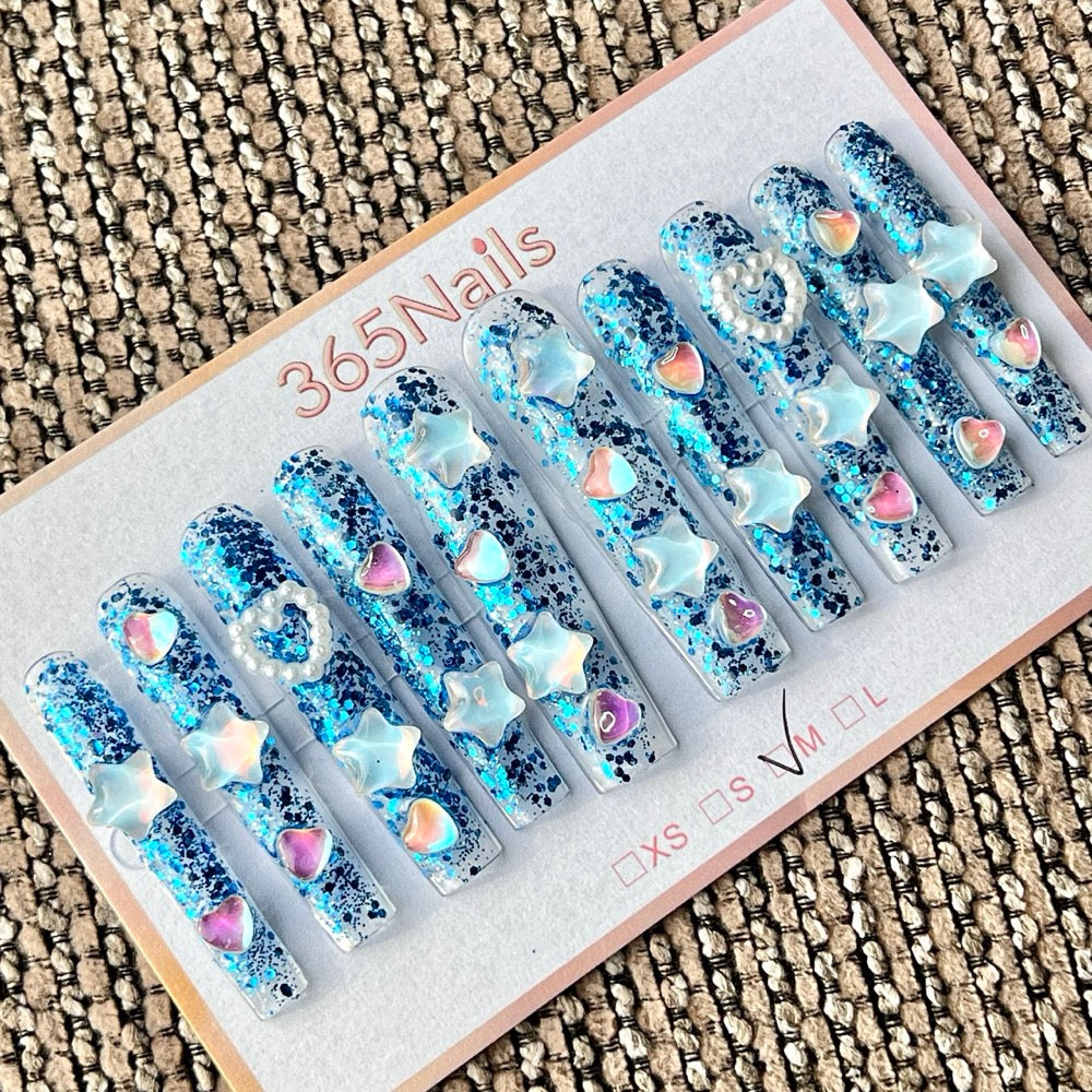 365nails: "Blue Glitter Star Heart" – Handmade Long Trapezoid Press-On Nails