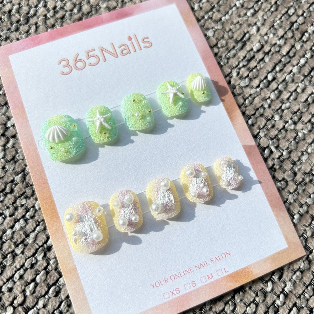 Sweet & Dopamine: "Mermaid's Lime Beach" – Lime Green & Lemon Gradient, Sugar Glitter Texture, 3D Shell, Starfish & Pearl Press-on Nails