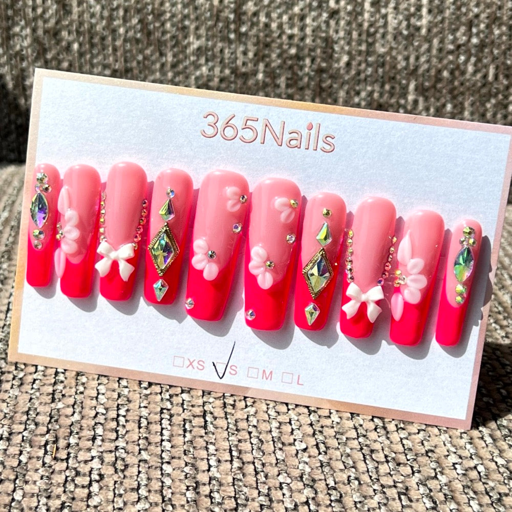 365nails: "빛나는 꽃" – 3D 다이아몬드 & 리본 수제 코핀형 프레스온 네일