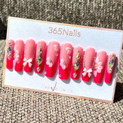 365nails: "빛나는 꽃" – 3D 다이아몬드 & 리본 수제 코핀형 프레스온 네일
