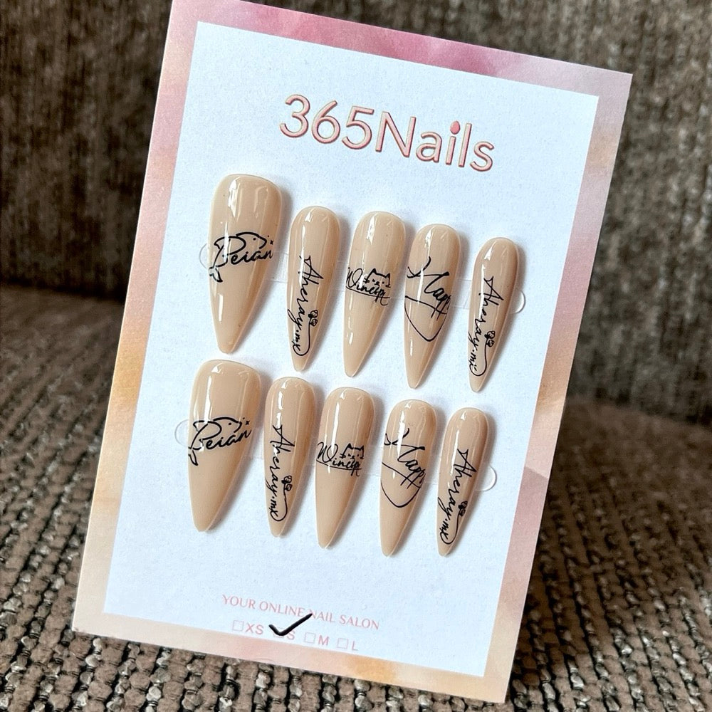 Cocoa Script - Nude Lettering Pointed Press-On Nails