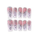 Silver embossed floral design with S-shaped diamond accents, pinkish-white square design Press On Nail