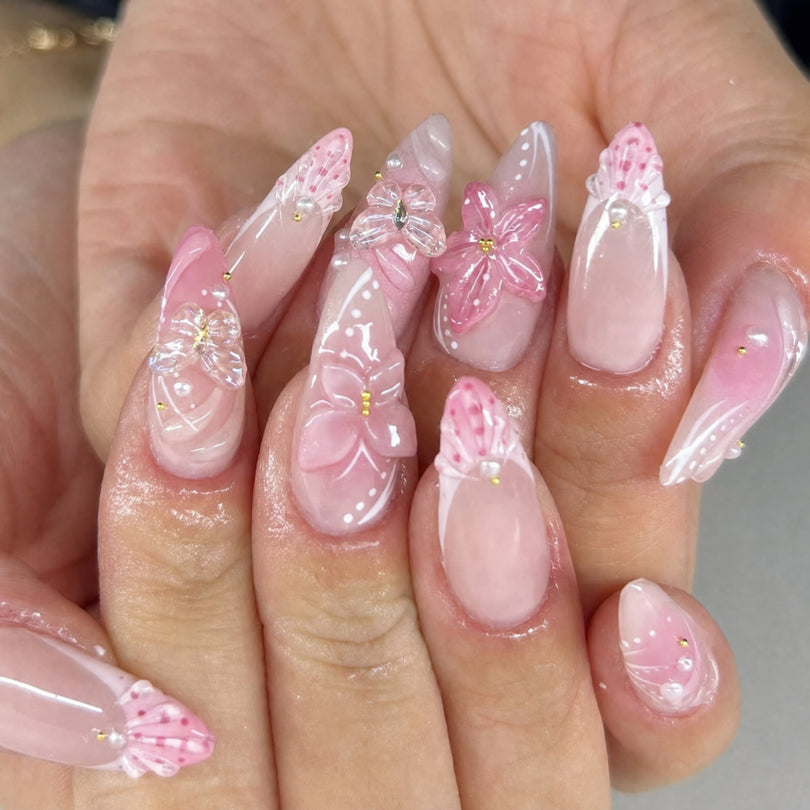 3D French Floral Glossy Pink White Almond Short Press On Nails – Design 19