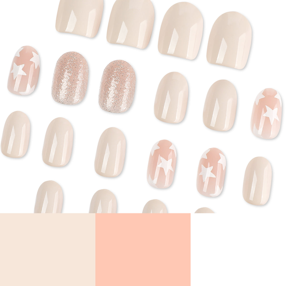 Press-on nail collection spread out above two nude and pink color swatches