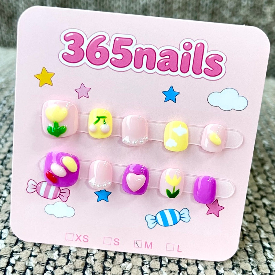 365nails: "Spring Bloom" – 3D Floral & Heart Handmade Short Square Nails