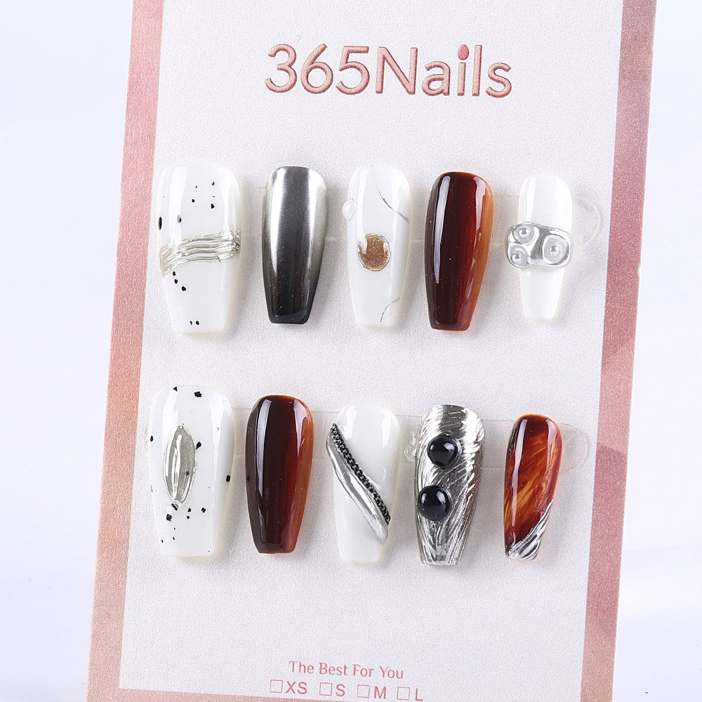 White, Silver, and Brown Metallic Art Press-On Nails