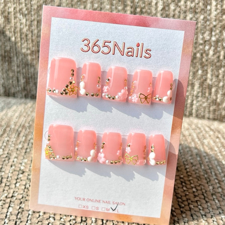 365nails 수제 핑크 리본 별 진주 숏 사다리꼴형 프레스온 네일