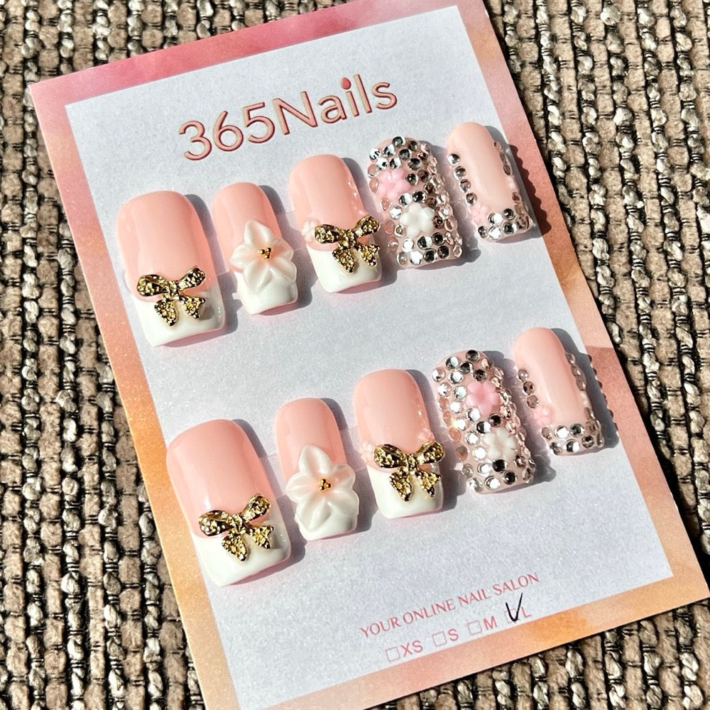 365nails: "Blush Pink Gold Bow Flower Rhinestone" – Handmade Medium Squoval Press-On Nails