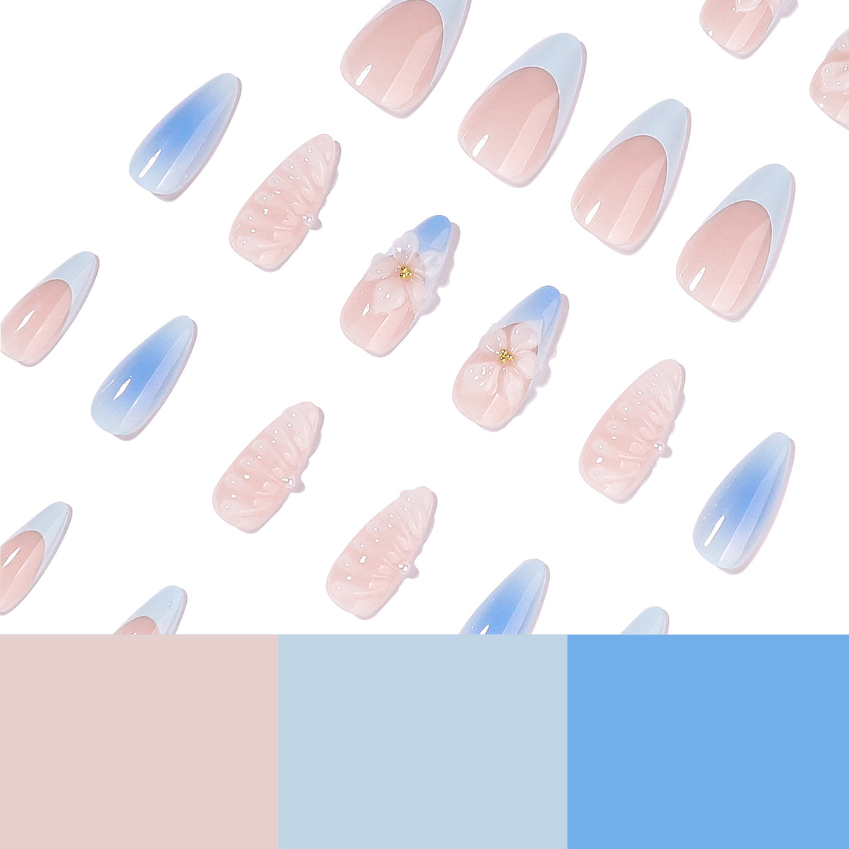 Scattered press-on nails with pink and blue color swatches at the bottom