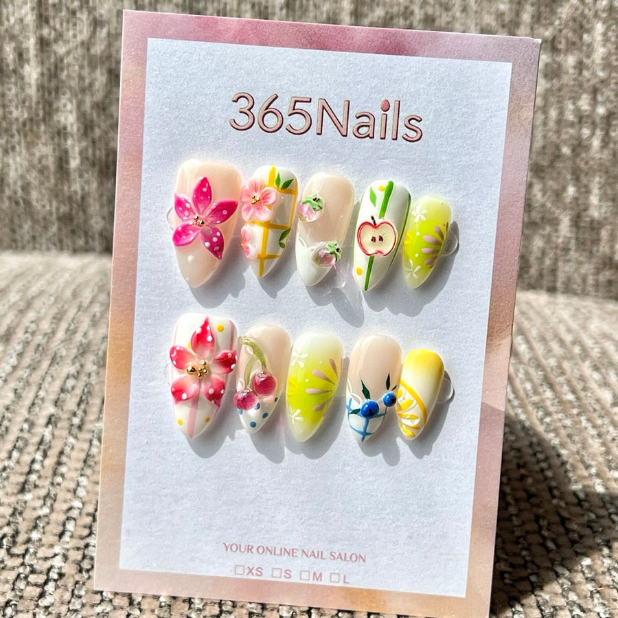 365nails: "Orchard Bloom" – 3D Floral & Fruit Handmade Medium Almond Press On Nails
