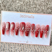 365nails: 크림슨 젬 로맨스 – 그라데이션 라인스톤 수제 코핀형 네일