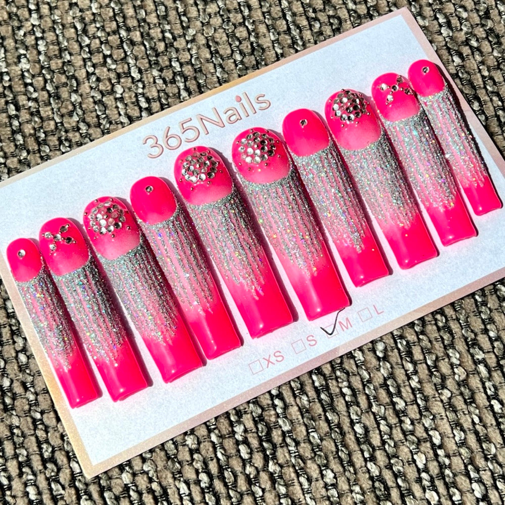 365nails: "Electric Glitz" – 3D Rhinestone & Silver Fringe Handmade Long Coffin Nails